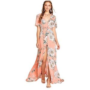 Button up Floral Print Flowy Party Maxi Dress
